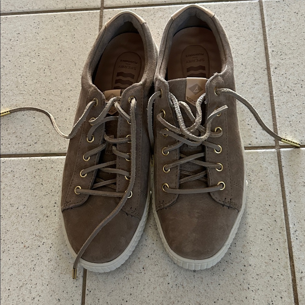 Sperry Taupe Suede Sneakers with White Soles